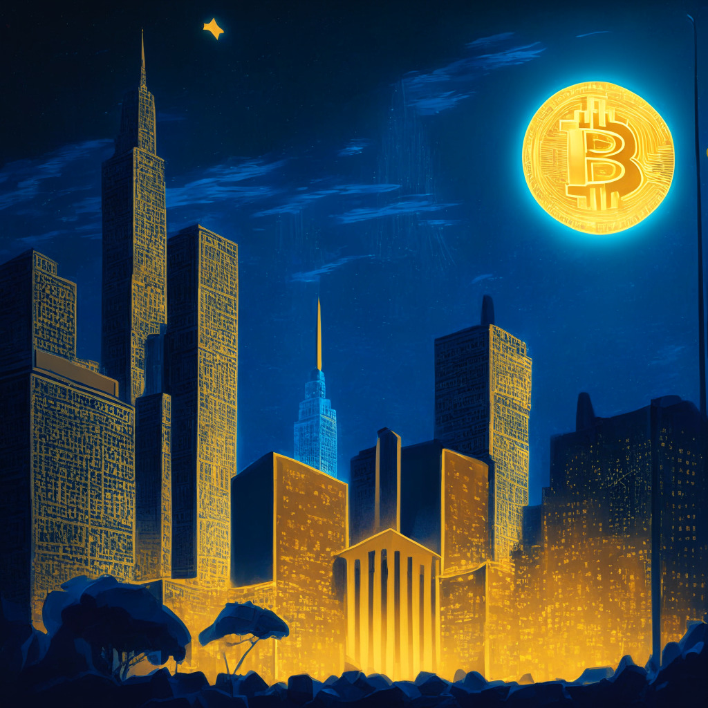 A digital painting filled with a dichotomy, Salvadoran cityscape under luminescent moon and glowing Bitcoin logos as stars. Distant buildings draped in shadows, portraying a struggle toward adoption of digital currencies. Foreground hosts looming courthouse and financial institution depicting regulatory challenges, bathed in gold and chilly blue lights.