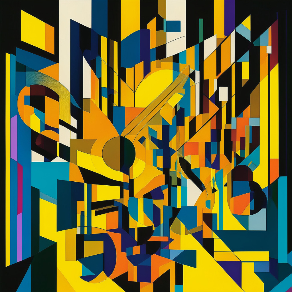 An abstract representation of a crypto exchange market in transition, captured in the style of cubism. Vibrant colors denote the volatility and excitement, but a cool undertone reflects the foreboding uncertainty. Central is a gold Bitcoin symbol, with lines representing VIP levels. Shadows symbolize the reduction of zero-fee trades and potential downturn. Bright spots dotted around indicate potential opportunities in the shift, hinting at emerging, lesser-known stablecoins.