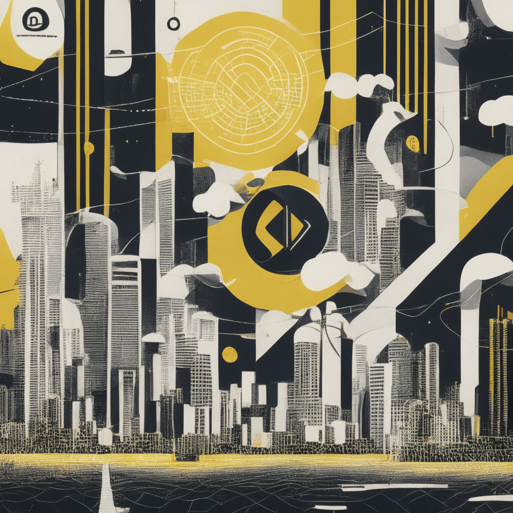 An animated cityscape of Latin America under dawn's soft rays, embodying resilient digital transformation. Distinctive flags of Colombia, Honduras, Guatemala, Argentina, Costa Rica wave as crypto coins rain down, signifying Binance's new venture, 'Send Cash'. Monochrome elements symbolize suspended debit card services, juxtaposed by vibrant, flowing lines illustrating seamless crypto transfers. Mood is anticipative and hopeful.