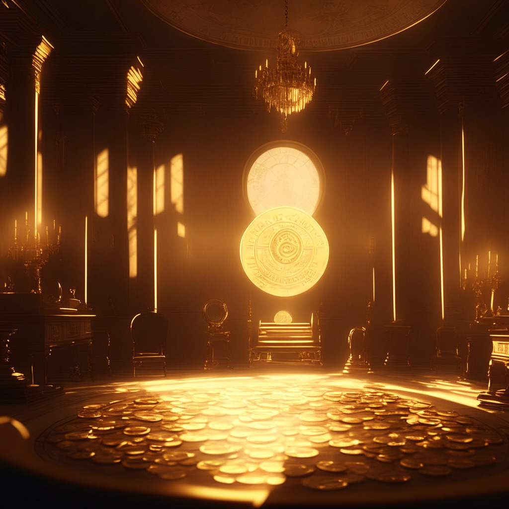 A vintage-style scene in a lavish trading room, opulent with golden hue. Center focus is an obscured individual symbolizing a Cryptocurrency exchange with multiple lesser-known tokens, represented as petite, shiny gems. The lighting is soft and warm, casting long, questionable shadows. Mood is a blend of anticipation and uncertainty, stirring a sense of dilemma.