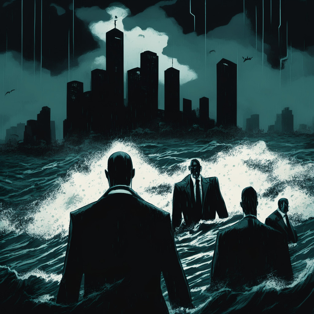 Gloomy, dystopian style illustration depicting troubled waters, symbolizing cryptocurrency market turbulence, key figures representing CEOs in shadowy attire, asserting authority. Digital fortress with regulatory oversight looming, exuding an oppressive mood, highlighted by stormy, ominous, dimly lit setting. Subtle hint of hopeful lightness in the distance, signifying Asian expansion strategy and resilience.