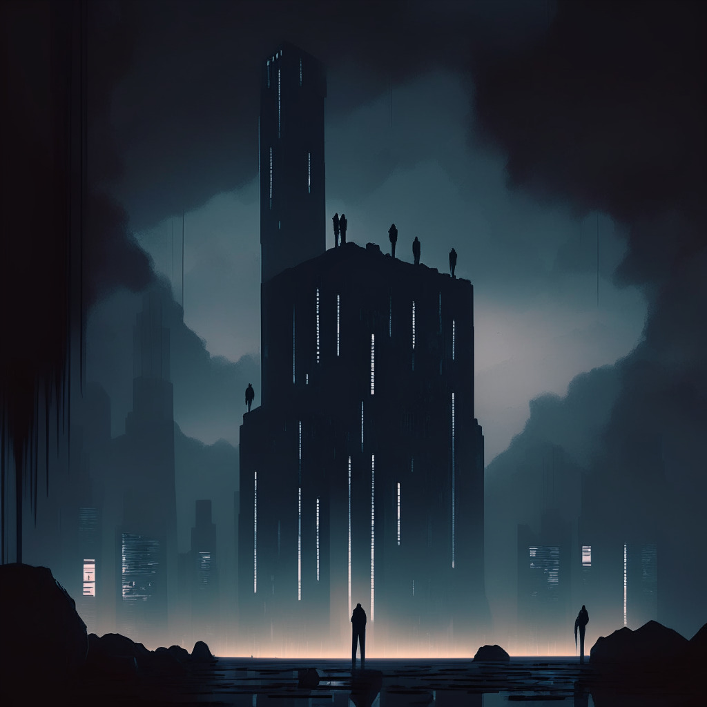 A digital landscape shrouded in twilight hues, symbolizing allegations and suspicions. In the foreground, a robust, metallic structure resembles a cryptocurrency exchange, under the scrutiny of piercing spotlights with questioning beams. Towering shadowy figures hint at legal bodies in the backdrop, their menacing silhouettes cast long, critical shadows. The mood is uneasy, the atmosphere tinged with caution. The air is saturated with the essence of tense international negotiations and veiled sanction implications. Slight hints of color - yellow and green, subtly refer to undisclosed ties under scrutiny. The artistic style is a mix of realism and digital abstraction, capturing the complex realities within the virtual world of crypto.