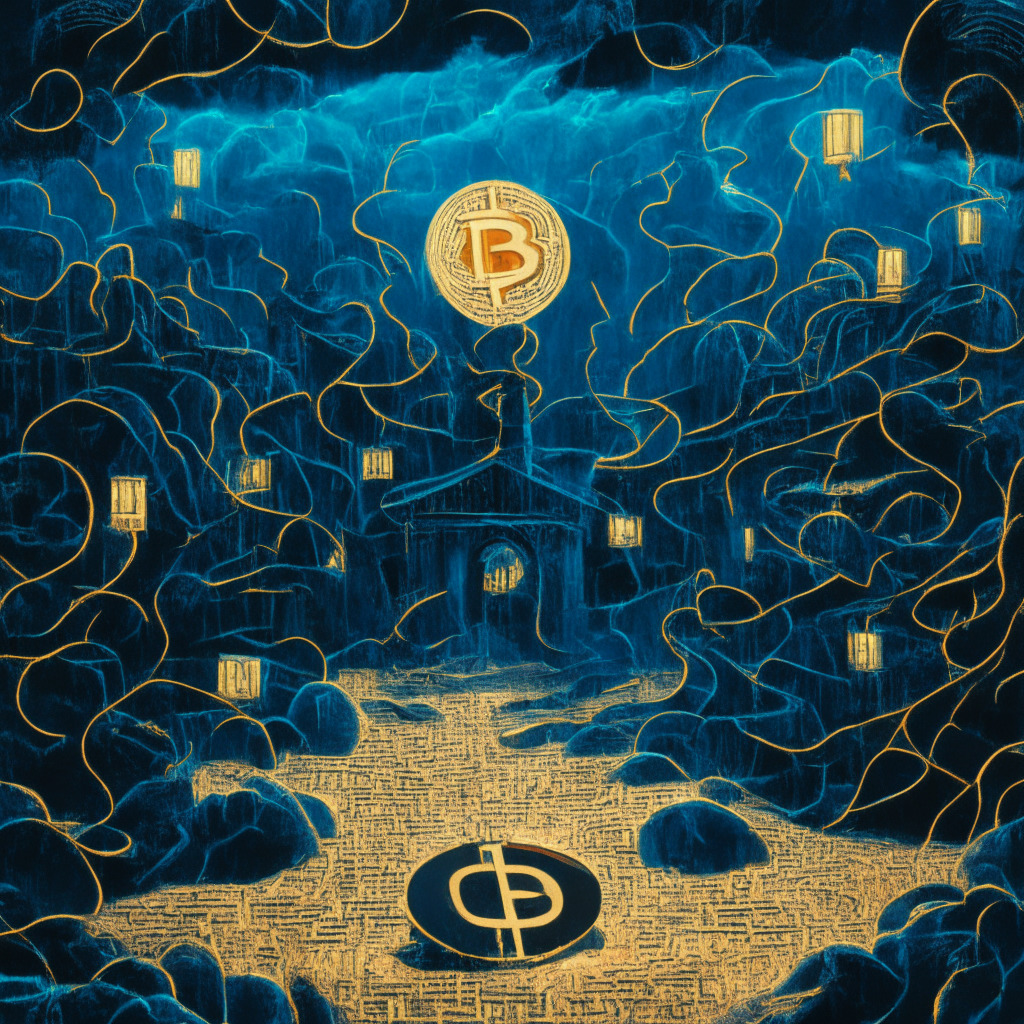 A bold scene of cryptocurrency being navigated through a complex labyrinth symbolizing MiCA regulations in Europe, painted in an impressionist style. The image feels fluctuating between ominous stormy skies and glimmers of hope with strategically placed lanterns, representing uncertainty and optimism. Masterstroke of faded insignia of a large crypto exchange echoes the dilemma of compliance challenges. The overall mood should be thought-provoking and dramatic.
