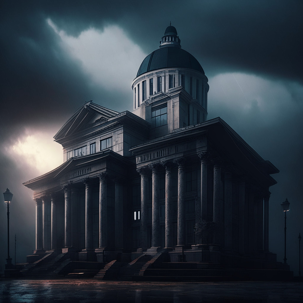 A somber courthouse under a moody gray sky, significant figures from a crypto exchange clash with stern governmental figures, their figures bathed in the contrasting glow of rising dawn, suggesting hope for understanding. The essence of the blockchain is subtly imprinted on the courthouse, encapsulating the conflict between innovation and regulation.