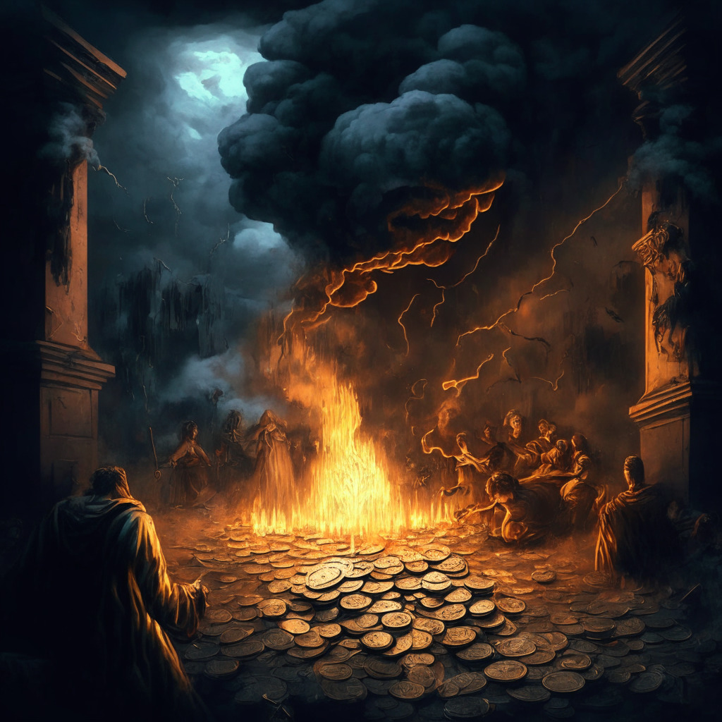 Depiction of a gloomy crypto market scene, a plunging blockchain coin (BNB) as its focal point, represented in a dramatic chiaroscuro setting. Include symbolic interpretations of loan liquidation, burning coins, and tokens in a volatile atmosphere, hinting at financial doom and gloom. A contrasting element hinting at the new hope of crypto presales, rendered in Renaissance style. The mood should be suspenseful yet hopeful.