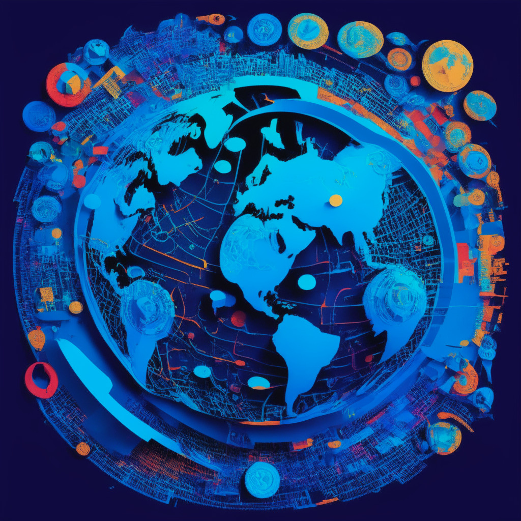An abstract representation of global crypto regulations intricacies, associated ethical and legal challenges. A stylized global map with vibrant colors indicating varied regulations. A large crypto coin in the center, casting shadows representative of allegations, with deep-blue tones instilling a mood of impending scrutiny. A background hinting at a whirlwind, conveying market turbulence.