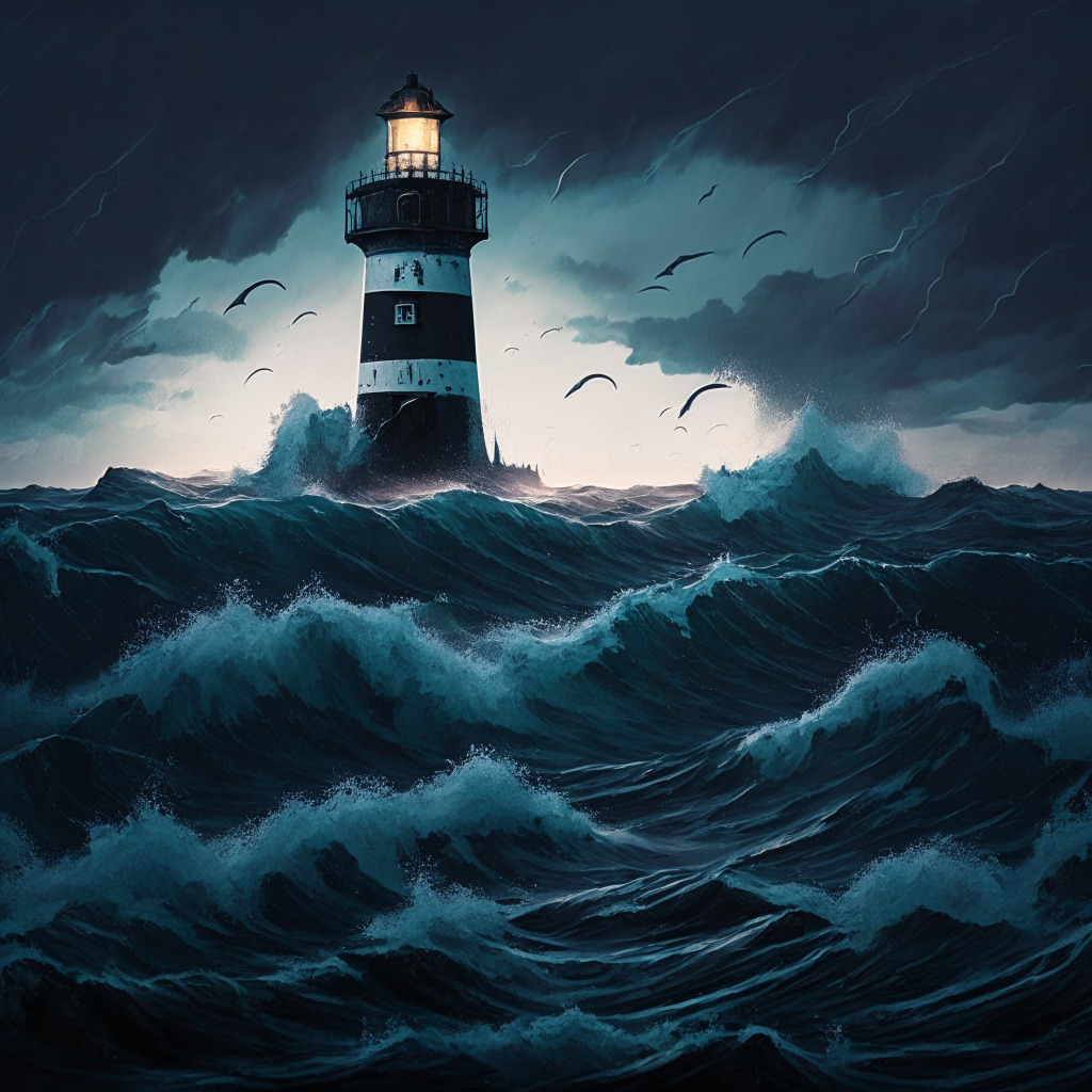 Dusk settling over a vast, turbulent sea symbolizing the crypto market, with two colossal waves shaped like Ethereum and Bitcoin, looming over a sinking ship representing Binance's USDC reserves. A faint light from a lighthouse, referencing Binance USD, pierces through the gloomy scene. The dominant colors are deep blues and grays, encapsulating an atmosphere of uncertainty and intense drama.