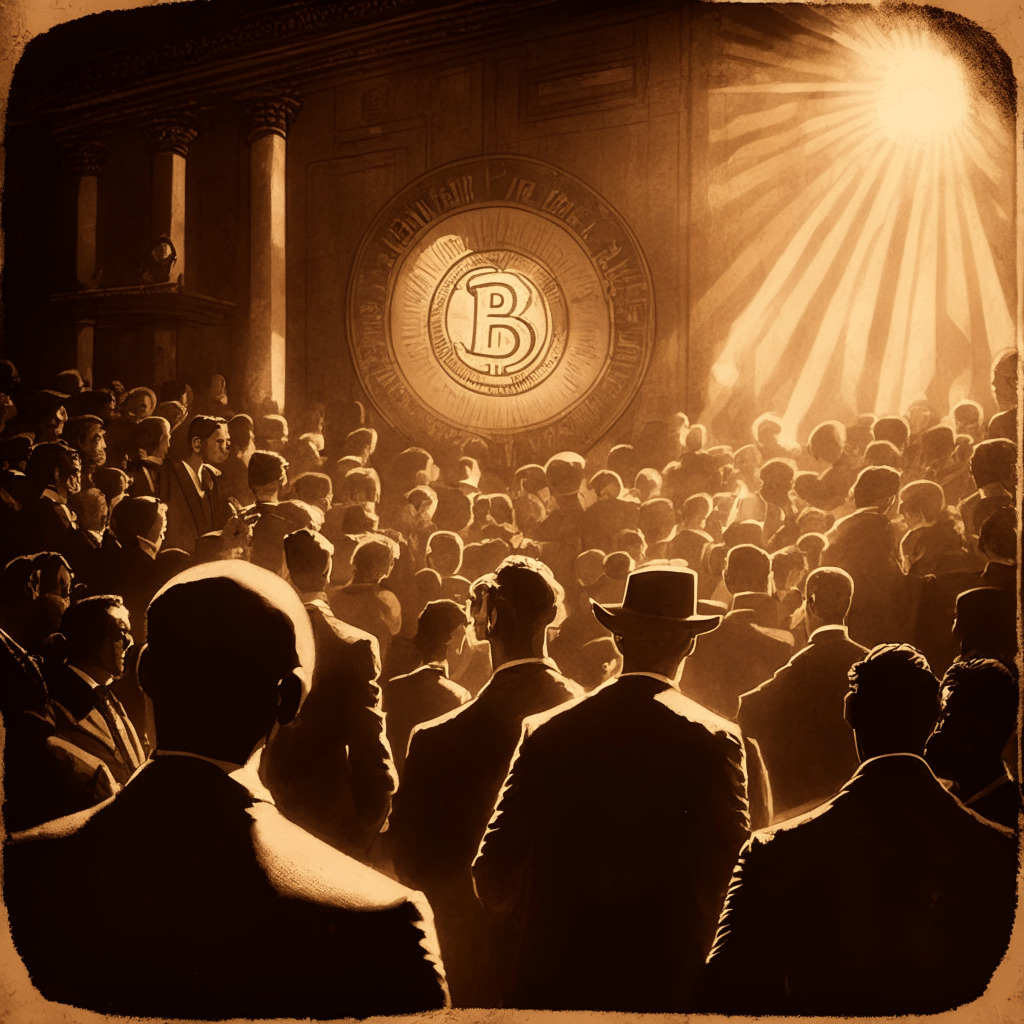 A sepia toned, early 20th century courtroom scene, with detailed contrast between shadows and light. A symbolic giant coin, depicting Bitcoin on one side and Binance logo on another, stands as the focal point, hovering above the crowd. The atmosphere is tense, yet exciting, revealing the struggle between innovation and regulation in the crypto realm.