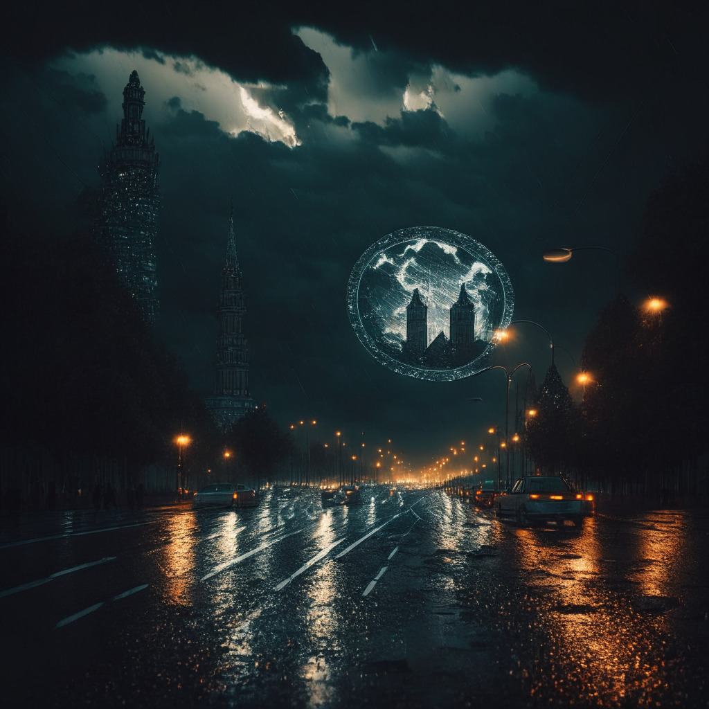 A stormy night in Moscow, Russia with towering ominous clouds portending a climate of change. An enormous, abstract, pixelated cryptocurrency coin at the crux of a forked road, symbolizing an impending decision. Illuminated by a dim, mysterious light, an unorganized flurry of smaller crypto coins disperse into the wind, symbolizing a potential exit. The overall mood is tense and the palette is dominated by cool dark hues contrasted by the glowing coin and path.