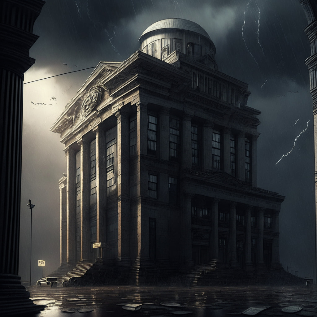 A dusky, dramatic office scene, intricate details like paper currency on the precipice of fading into digital coins. A prominent exchange building in the back is resilient amidst the storm, symbolizing Binance's robust financial position. Enhanced chiaroscuro reflects the high-stakes tension, while heavy shadows illustrate the scenario's instability. The mood is tense, hinting at unpredictability and transformation in the world of crypto exchange.