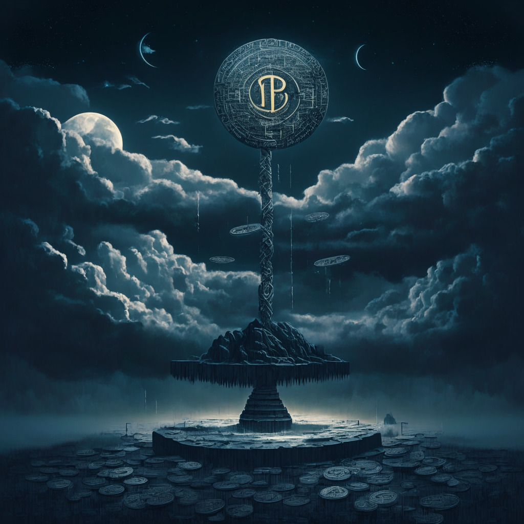 A large, ethereal-looking platform hovering over a vast landscape of intricate currency symbols and regulatory icons, all under a turbulent, stormy sky dimly lit by a distant moon. The platform vividly symbolizes a cryptocurrency exchange, represented by a pair of scales in the center, struggling to find balance, encapsulating an air of uncertainty yet progression, with a hint of an impending storm to signify upcoming challenges. The scales are uneven, loaded heavier with complex regulatory icons on one side, yet on the other side, despite being lighter, radiates a shimmering glow symbolizing the ongoing evolution and potential of cryptocurrency. The artistic style resembles a melange of late Gothic and Renaissance, hinting at the old versus new theme at play.