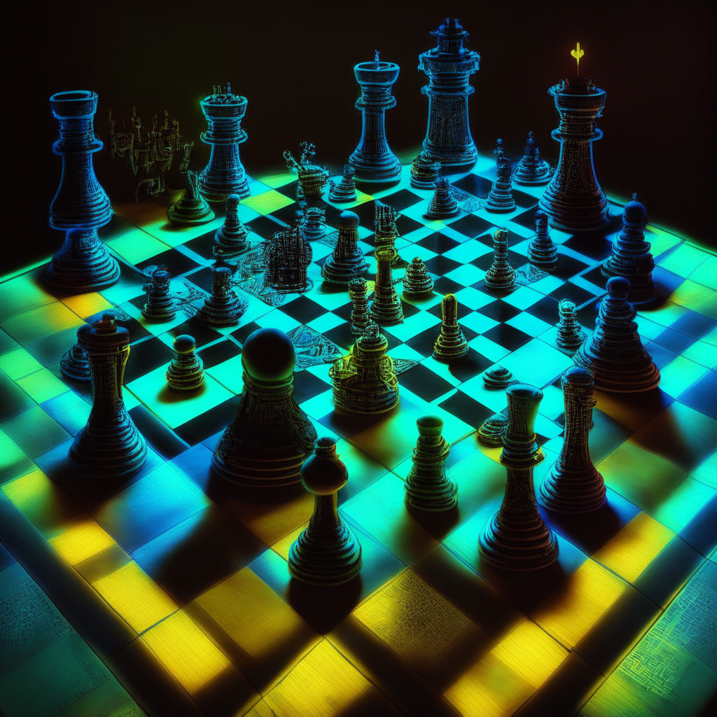 A chessboard under a spotlight in a dim room, displaying a tense, strategic battle. One half buzzes with cryptic, neon, futuristic symbols, illustrating the hasty, exciting crypto-world. The other half is decorated in traditional African motifs and colors, embodying Nigeria's regulatory bodies. The overall tone is suspenseful, with clear tension and uncertainty.