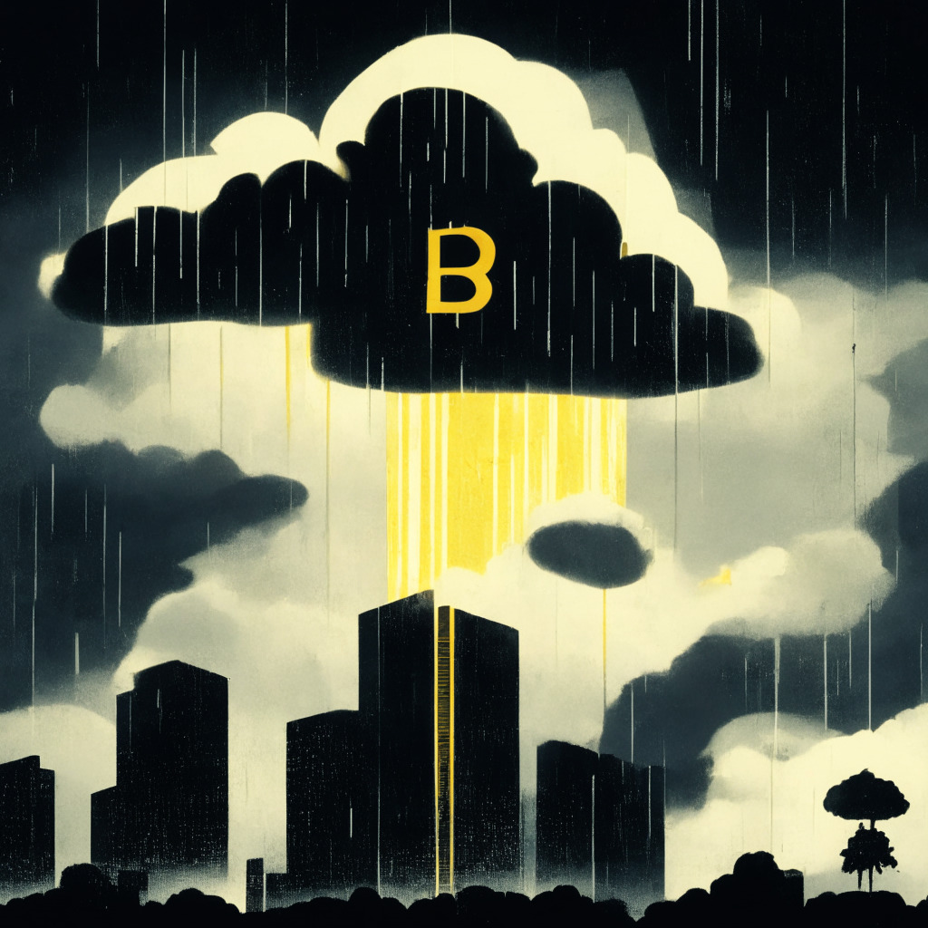 Depiction of a modern, lit-up cryptocurrency exchange suspended within a stormy cloud, symbolizing the uncertainty of Binance's potential US operations shutdown. In the background, the silhouette of looming government buildings represent regulatory scrutiny. The style should be dramatic and somewhat ominous, with shadows creating a sense of foreboding. The image should be imbued with a dystopian, graphic-novel aesthetic, emphasizing the high-stakes tension. Visible within the image should be ghostly, subtly-embedded binary code, symbolizing cryptocurrency's integral nature and its tumultuous status within the financial world.
