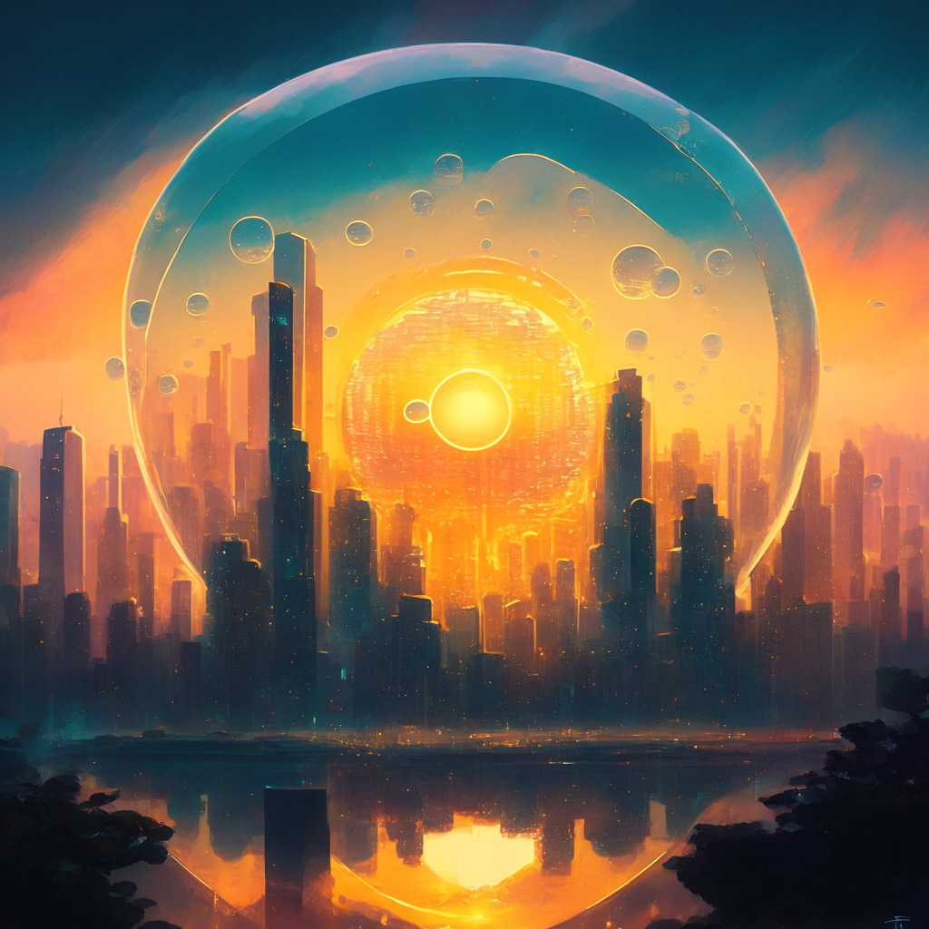 An evocative digital painting of a futuristic Taiwan skyline illuminated by a rising sun, with a symbolic combination lock dispersing into delicate blockchain in a floating bubble, reflecting the process of complex cryptocurrency regulations. The mood should be optimistic yet challenging, painted in an impressionistic style with glowing morning light to convey a new beginning.