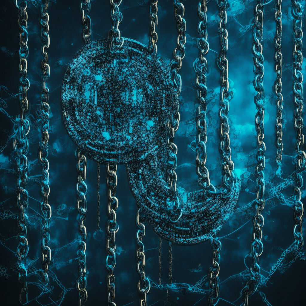 A compilation of metallic, digital elements swirling around a pair of severed steel chains, conveying a sense of separation. A lit background in hues of cerulean eco, symbolic of Binance, brought forth with an impressionism-style. Dark undertones suggest regulatory obscurity with intermittent lucent spots implying glimpses of possible transparency and integrity. Overall mood is a blend of disruption, transition, and hopeful anticipation.