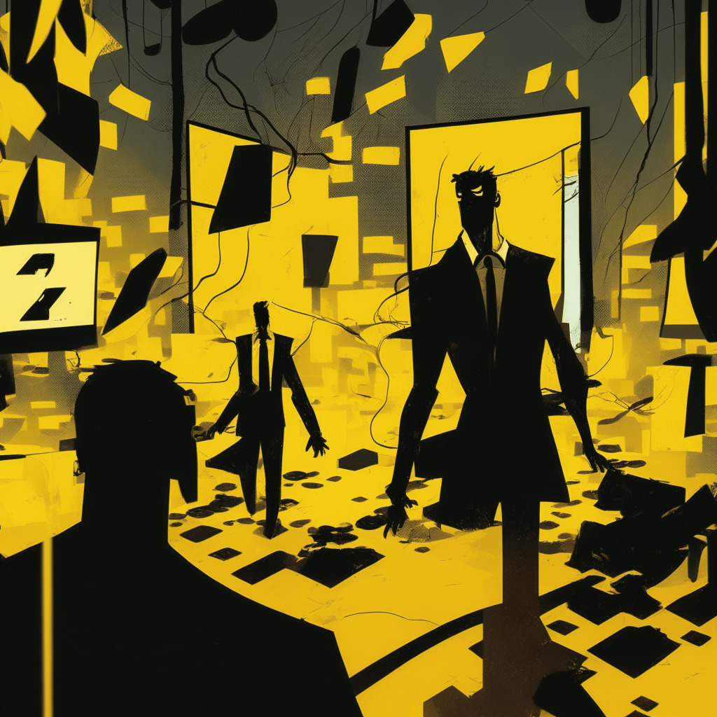 A dramatic scene taking place in a virtual stock exchange room, bathed in the cool light of uncertainty. An abstract depiction of Binance, personified as a powerful, yet somewhat distressed figure, surrounded by question marks symbolizing confusion and regulatory scrutiny. An unfazed figure representing 'CZ' is present having a calm demeanor amidst the chaos, giving the impression of resilience and hope. The mood of the room is anxious, while light spills from the ceiling, symbolizing a possible breakthrough and clear communication in the face of adversity. The artistic style is neo-expressionistic, enhancing the tense atmosphere.