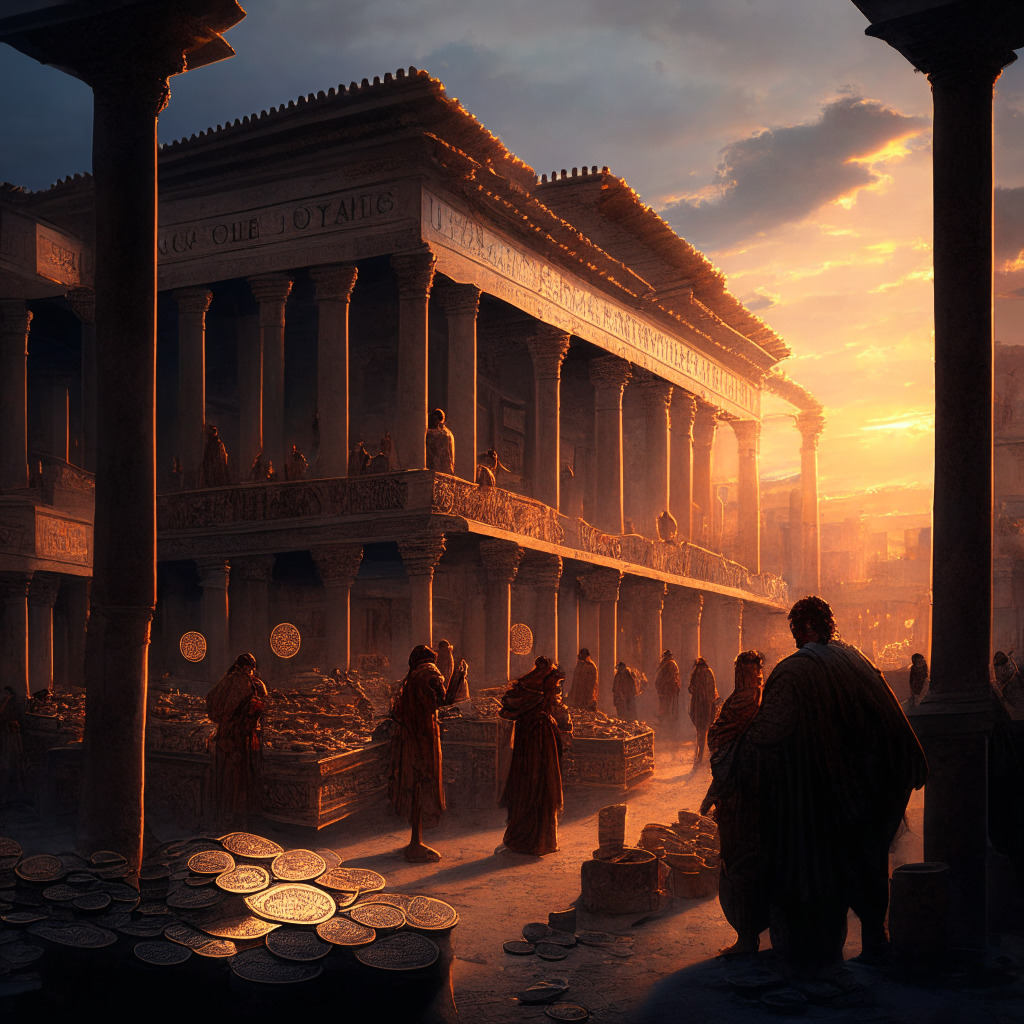 An intricate, digitally styled scene of a large, classical Roman marketplace at dusk, where old coins are being exchanged for new, lesser-known ones. The mood is tense yet dynamic, filled with intrigue and change. Amidst the exchanges, a few modern coins with inscriptions of 'USDC' are being replaced by new ones labeled 'FDUSD'. The sunset casts dramatic shadows, adding an air of uncertainty to the future.
