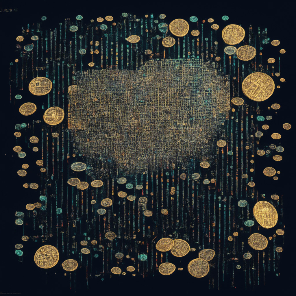 A vast array of digital coins scattered across an intricate grid representing both the political spectrum and blockchain nodes. Includes a vibrant gap, symbolizing the political divide, yet tiny bridges link each coin, highlighting bipartisan support. The style blends classical with cyberpunk, framing the tension between tradition and innovation. As the scene unfolds, natural light transitions to a stark, polarized glow, reflecting the contrast of opinions yet the powerful illumination from the coins radiates collaboration. The overall mood is simultaneously tense and hopeful – portraying the complex journey of crypto's political recognition.