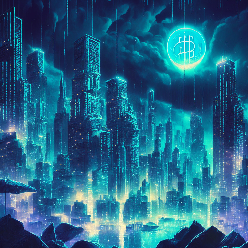 A thriving crypto custody firm glowing with neon vitality against a backdrop of a bustling global city under a silvery moonlight. Futuristic digital coins symbolically shower from the sky, signaling a surge in digital asset adoption. The entire scene is painted in a styled reminiscent of an impressionist painting with elements of excitement and anticipation.