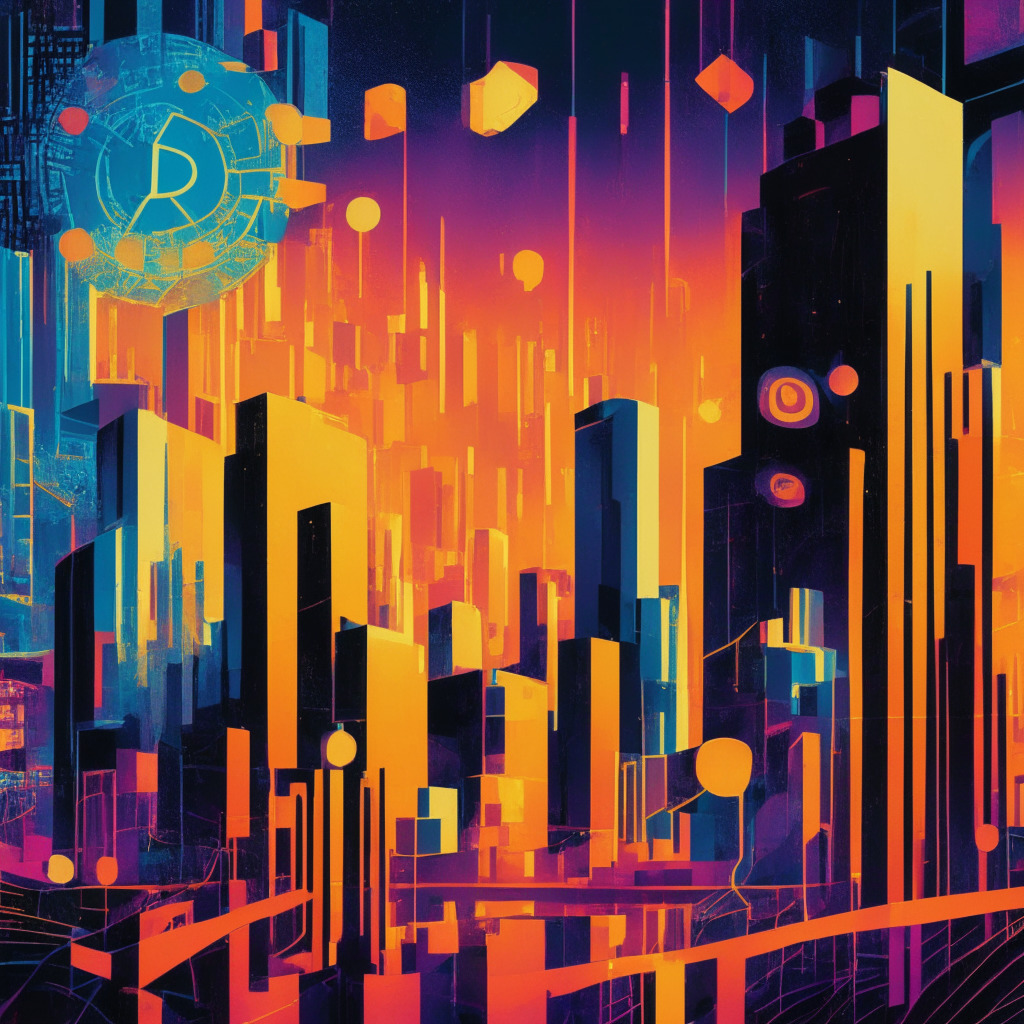 An abstract representation of the blockchain sector and its contrasting fortune, a vibrant digital cityscape at dusk representing BitGo's success, interspersed with shadowy constructs depicting Prime Trust's struggles. Use warm, vibrant colors for BitGo and cold, subdued tones for Prime Trust. The mood should oscillate between optimism and caution, and the artistic style should be a fusion of Cubism and Cyberpunk.