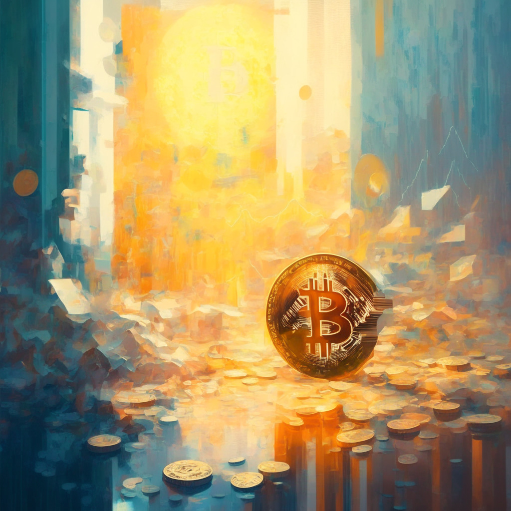 An abstract representation of a financial market, Bitcoin at the forefront, backed by symbols of US employment and Dollar strength. Incorporate an impressionist style, morning light washing over the scene creating warm hues. Convey a sense of cautious optimism, poised anticipation.