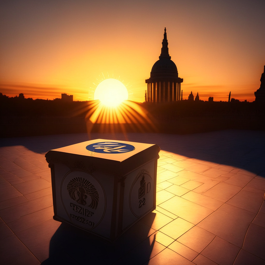 Sunset over a 2024 election ballot box, dim filtered light casts long shadows. Capital Building in the backdrop in an Art Nouveau style, setting an anticipatory yet uncertain mood. A cryptocurrency coin with an embossed ETF logo lies near the box, symbolising future regulatory prospects.
