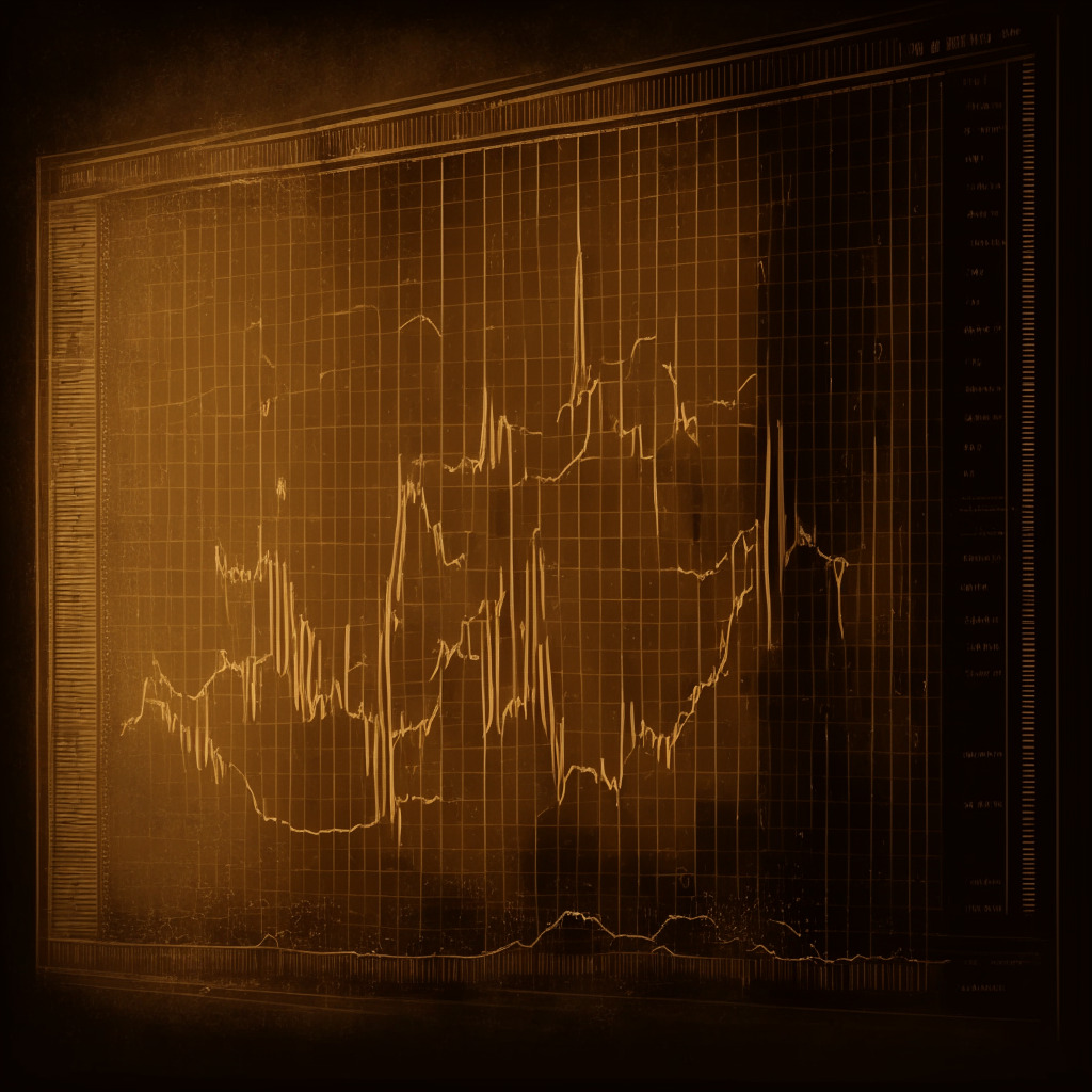 A graphic representation of fluctuating Bitcoin graph on a digital screen, vintage sepia tones, ambient lighting. It's a dynamic scene, the old-world charm juxtaposed with the digital age. Expressing both optimism and skepticism, one side of screen buoyantly glowing, the other subtly dimmer, referencing the dynamic tension in crypto markets.