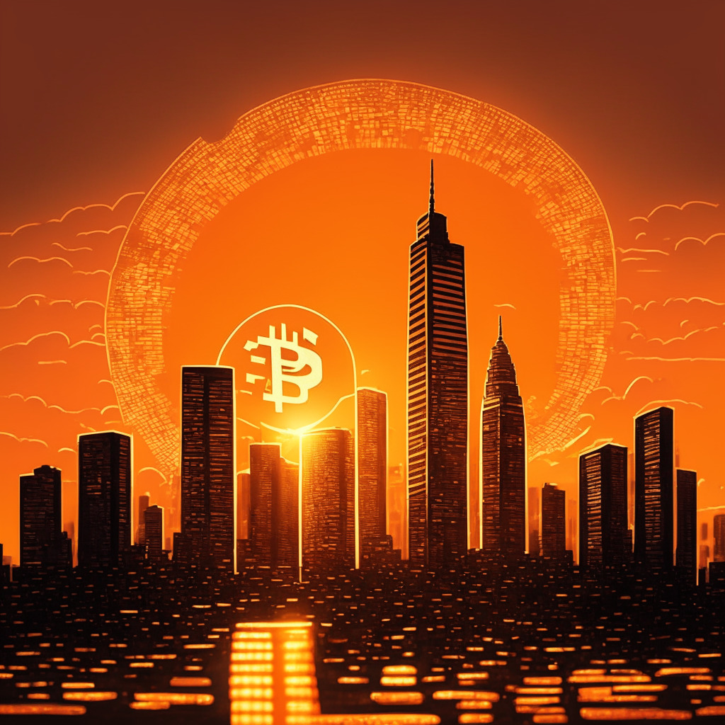 A sunset over a luminous city skyline, the tallest building being a coin-shaped structure depicting Bitcoin's logo. The sky ripples with hues of orange, symbolizing optimism and impending major decisions. The city bathed in warm light, illustrating a market surge and economic movements. The backdrop portrays multiple tiny coins, symbolizing diversified cryptocurrency. Mood hints at cautious optimism peppered with potential volatility.