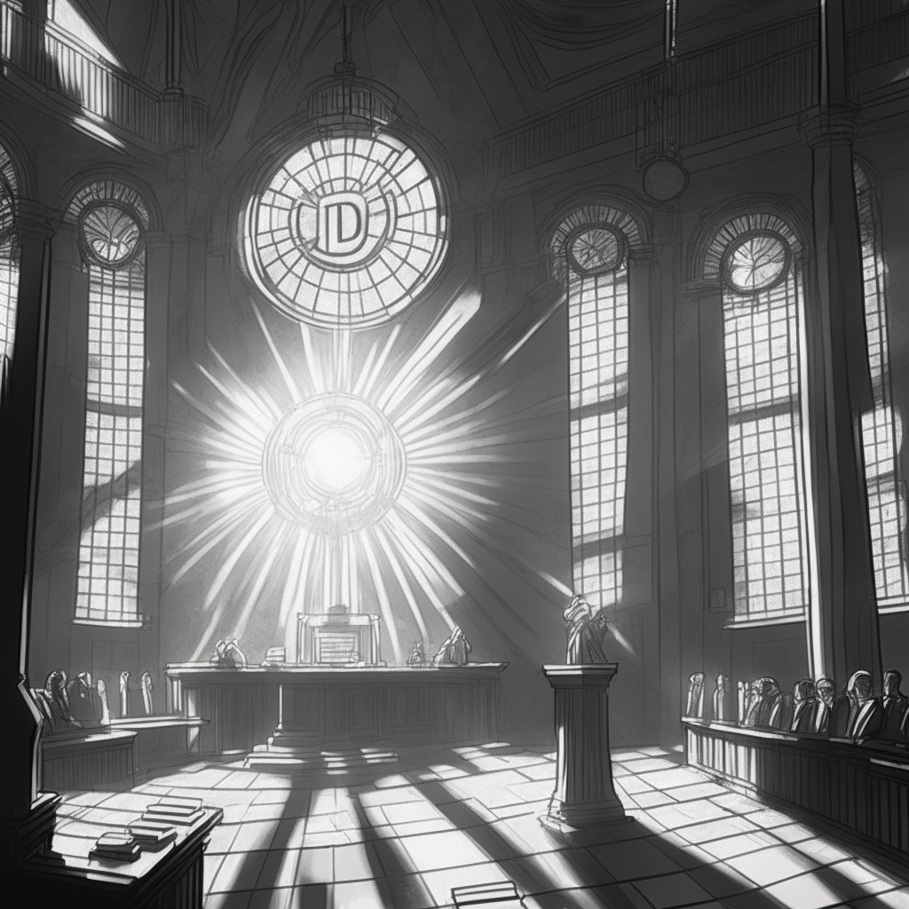 A tranquil courtroom with the sun shining through stained glass windows, casting vibrant shadows on a triumphant figure standing at the center, signifying Grayscale's winning. A detailed bitcoin coin is summed by rays of light from the victory, alluding to increased accessibility of crypto investments. In a corner, a mining equipment signifies Canaan’s rising. The overall mood, optimistic, with a hint of complexity and uncertainty.