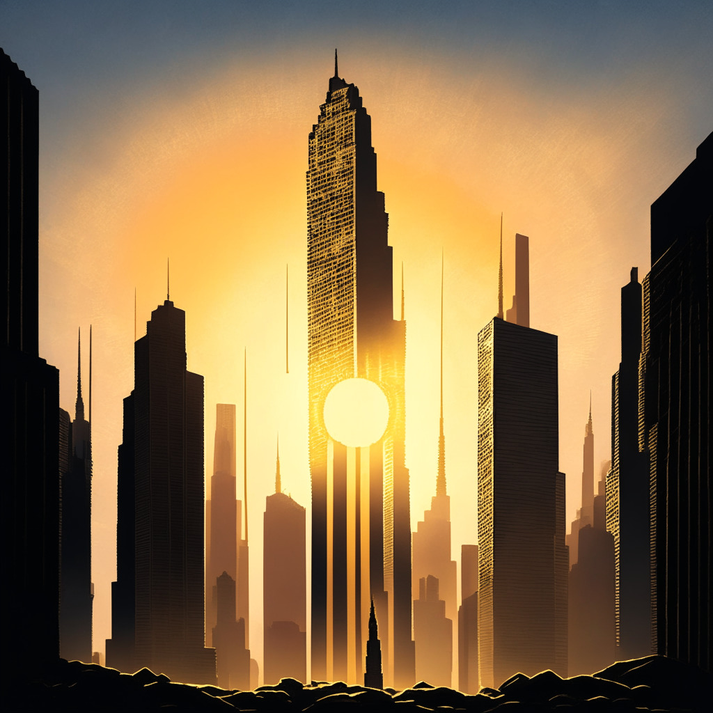 A dramatic financial cityscape at dawn, the rising sun casting a warm, optimistic aura over towering skyscrapers symbolizing Bitcoin and Bitcoin Cash. The two stand tall, growing in stature as they bask in the light of victory, delicately balanced by a scale. Shadowed in gentle suspense, a slightly smaller, playful building with a sonic wave pattern, the underdog Sonik, anticipates its rise. Essence of Photorealism, mood of thrilling hope.