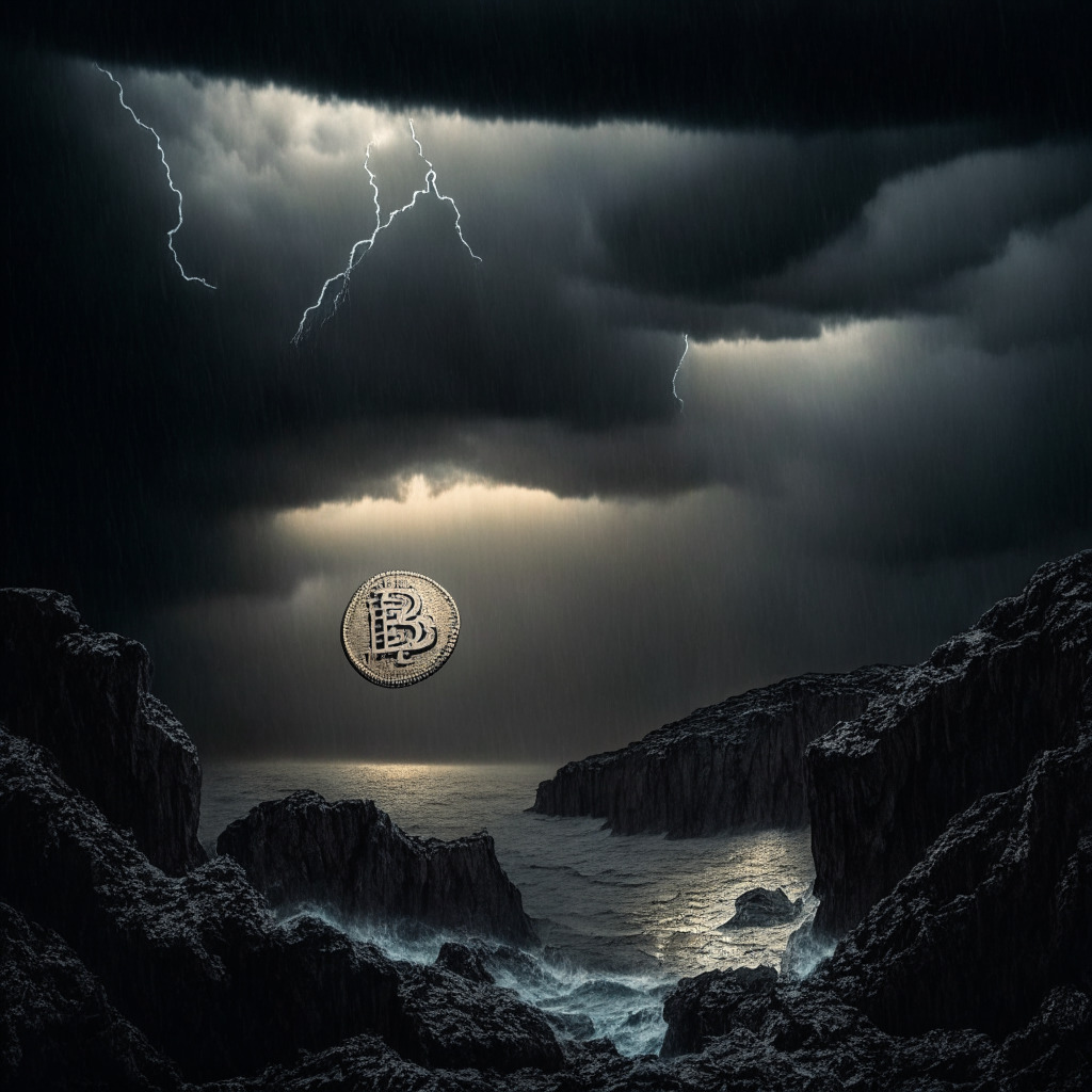 A gloomy illustration of a withering cryptocurrency coin labeled 'BCH' at the edge of a dark cliff under a stormy sky, locked in a stifling grip by a chain-like '20DMA' wall of resistance. The storm clouds part, revealing a glimmer of sunlight that signifies a potential rebound. To the side, a 'SONIK' coin, glowing and ascending, stands alongside a rocket ship, symbolizing a fresh and robust emergence.