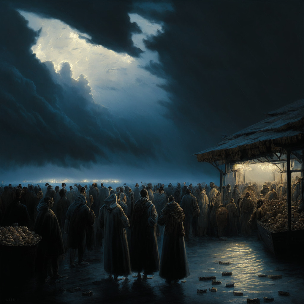 An ominous, stormy marketplace crowded with anxious individuals, the light illuminating only their worried expressions and uncertain hands clutching ephemeral Bitcoin profits. In contrast, a calm sea in the distance under a serene cool toned sky signifies the unfazed long-term Hodlers. Phrase the entire scene in a dramatic chiaroscuro light setting to enhance the difference in the mood, highlighting the nervous tension vs calm resilience.