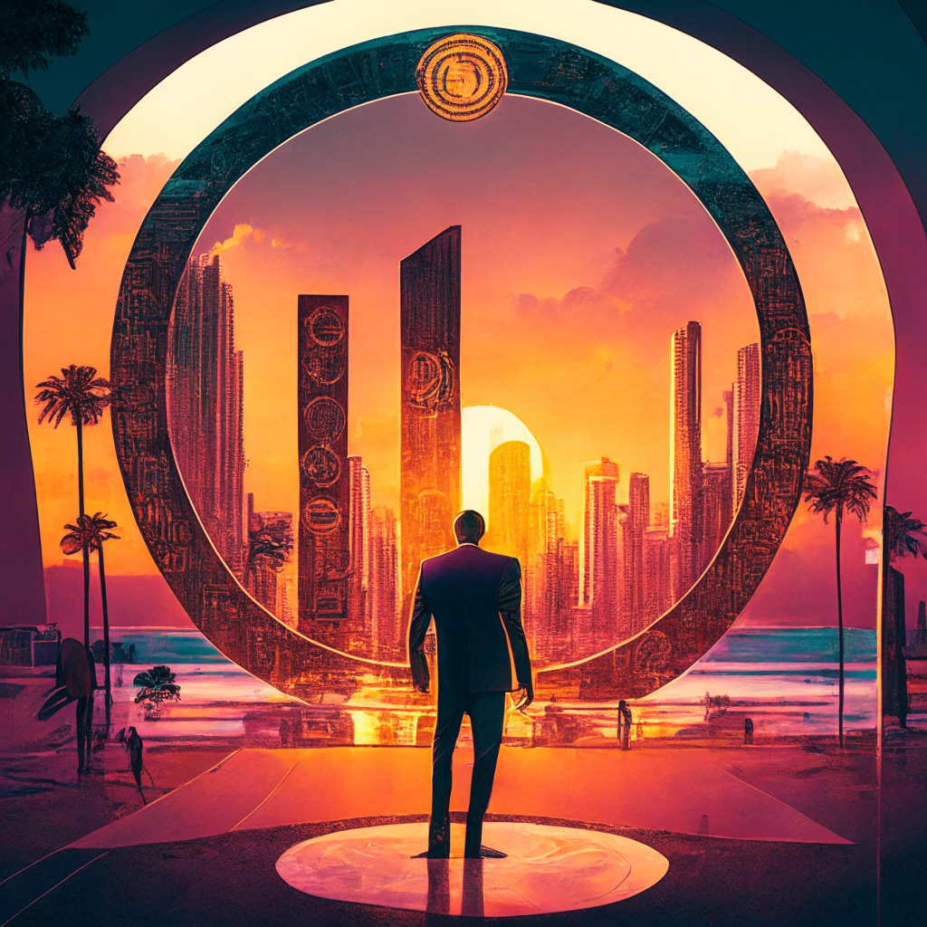 A technologically advanced Miami under sunset hues, Mayor Francis Suarez confidently stepping into a coin-shaped portal comprised of bitcoin symbols. The atmosphere is filled with a fusion of uncertainty and hope for a future dictated by digital currencies. The cityscape sparkles with futuristic elements symbolising wealth redistribution.