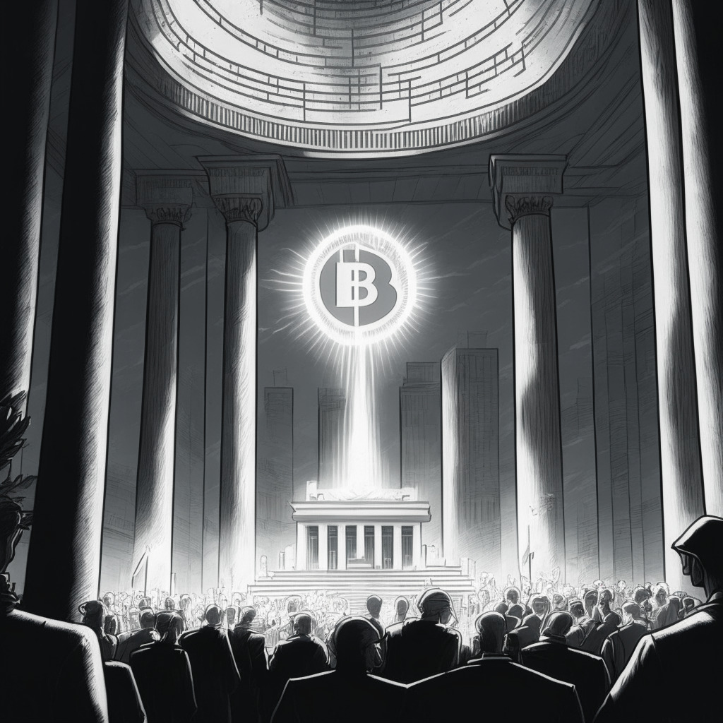 A bustling cryptocurrency market, Bitcoin ascending sharply, breaking the $27,000 barrier, contrasted with a rising Grayscale Bitcoin Trust. On the side, a symbolic image of a federal courthouse signaling the reconsideration of crypto ETFs. Mood: hopeful yet speculative, with chiaroscuro lighting for drama, in a surrealistic art style.