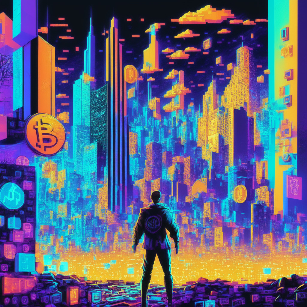An illuminated, futuristic cityscape pulsing with neon shades of cryptocurrency, in the style of digital pixel art. Profile avatar of a game developer, symbolic Bitcoin coins & Ethereum emblems in the air. Vibrant colors reflect the innovation of integrating DeFi into gaming. Show NFT auctions, Blockchain tokens & digital art distributed across the landscape, expressing a bustling marketplace. Convey a mood of anticipation & playful intrigue.