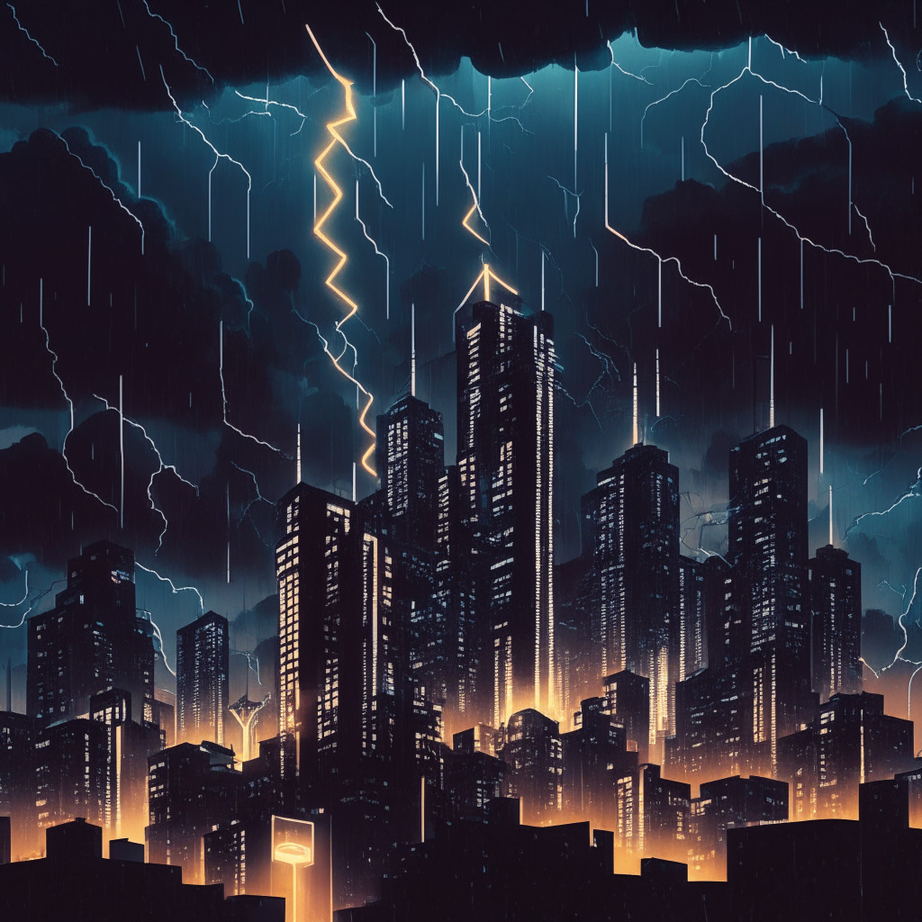A stylized, futuristic cityscape at dusk with the striking silhouette of a lightning bolt, symbolizing Bitcoin's lightning network. The city consists of numerous building-like nodes connected with glowing lines signifying transactions. Dark, stormy clouds gather above to evoke a sense of risk and adventure. The mood is a mix of suspense and expectation, with a chiaroscuro technique used to highlight the light of innovation against potential challenges.