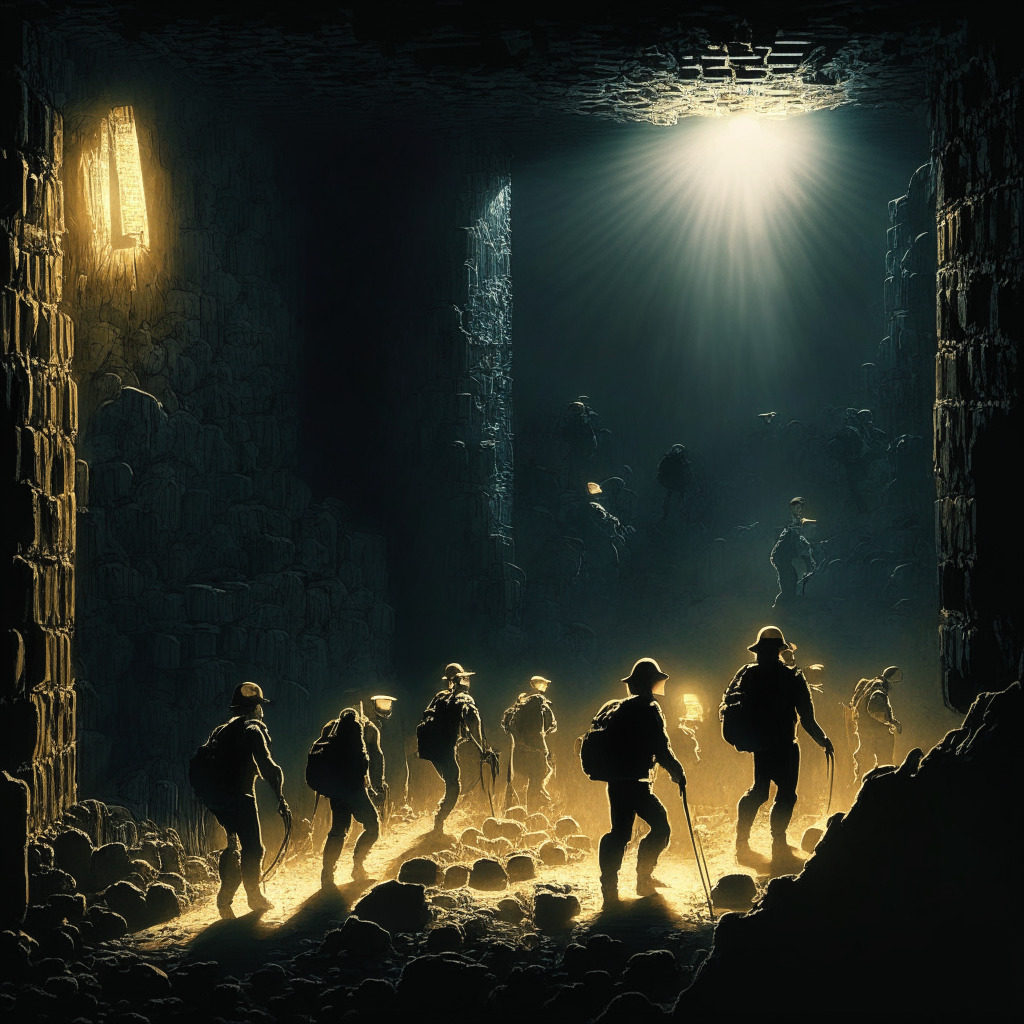 A dramatic scene of Bitcoin miners hard at work under intense spotlights, conveyed in a chiaroscuro art style. The miners appear to be walking a slim line between the sparkling promise of profit and a threatening abyss of loss, reflecting their precarious position, casting imposing shadows on walls. Intense warm lighting highlights their cautious optimism amid creeping insecurities about the looming halving event. The atmosphere is filled with tension contrasting the shimmering optimism of a potential bull run.