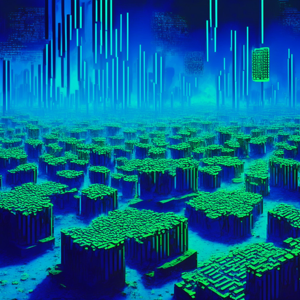 Futuristic scene of a massive digitized farm of bitcoin miners, bathed in vibrant, cool hues of blue & green, signaling a transition from traditional power usage to renewables. Emulate the shifting paradox of miners as both culprits and saviors in power conundrum, casting sharp contrasts between intense light & deep shadows. Mood should be contemplative yet hopeful, echoing the complex relationship between crypto mining and green energy revolution.