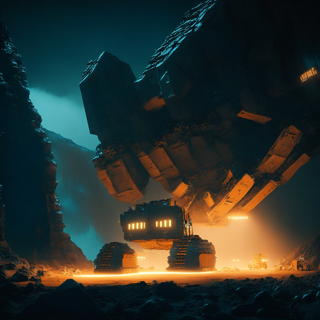Futuristic mining landscape, colossal machinery, LED-lit, dominating the environment, the intensity of activity signifies the powerful 16. Low light creates an ominous atmosphere, illuminating the activity of BTC production. Large, debt-free miners reap rewards amidst the intense hustle, while the smaller, indebted ones face a precarious situation. The mood is serious, fraught with anticipation of the approaching BTC halving event.