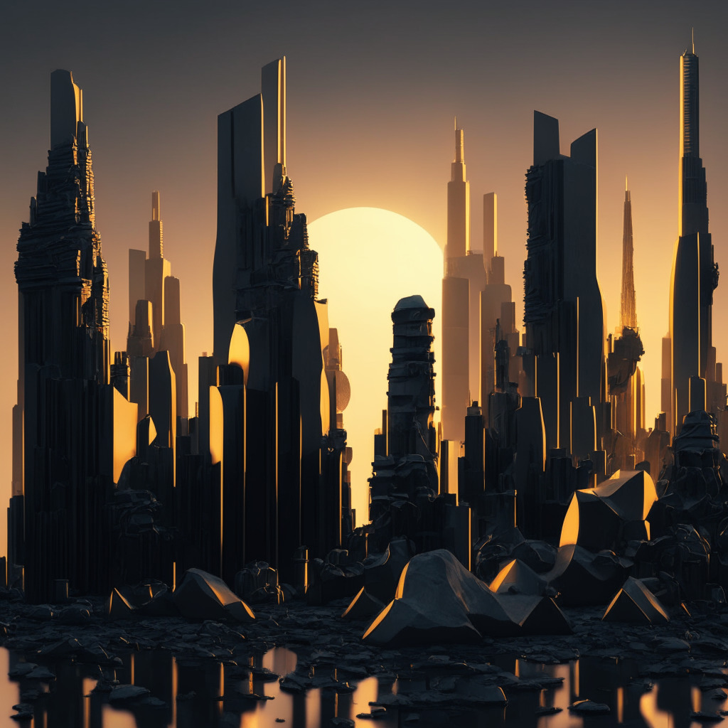 Dusk cast over a somber crypto cityscape with the Ordinal sculptures diminishing in size, representing a massive decline in Bitcoin NFT activity. The style is postmodern, heavily evoking the uncertainties in the market. The mood is steeped in tension, a visual echo of the contest between digital gold and oil essentialism.