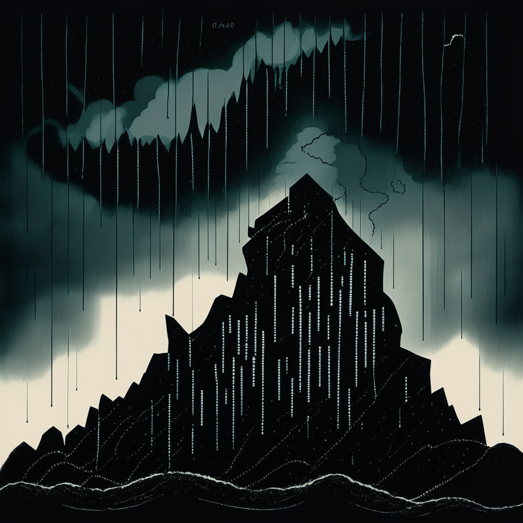 A gloomy, stormy financial market with thunderous clouds, torrents of rain illustrations the bearish trend. A shadowy figure symbolizes Bitcoin, precariously on the edge of a cliff showing its oversold status. Intricate chart patterns suggest downward trajectory, while a dark, ominous abyss below portrays potential further drop.