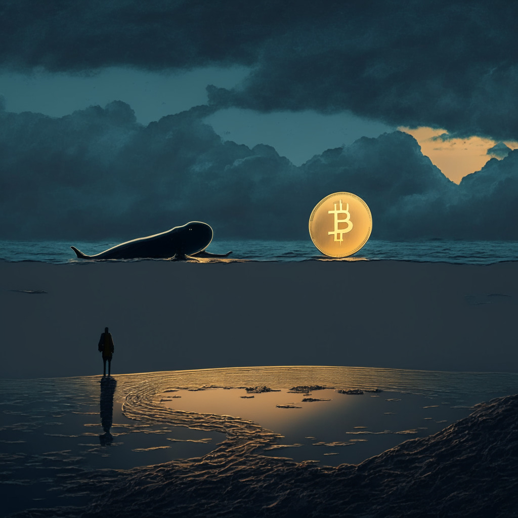 A mysterious, digital landscape under a suspenseful twilight sky, dense clouds hanging low. In the foreground, a motionless golden bitcoin coin anchored in the ground. Hazy figure of a whale in the background, silently observing. On one side, a clear pathway leading to a new investor symbolized by a faint silhouette. On opposite, Ripple's logo tossed in turbulent waters, showing the fluctuation. Mood: Anticipation, introspection, uncertainty.