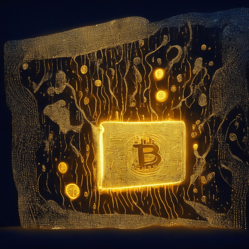 An intricate scene in a surrealist style: wallet glowing with golden bitcoins against an abstract representation of blockchain. Subtle threads indicating DeFi and NFT features sprinkling across the backdrop. Foreground shows a cautious figure embodying enthusiasm and skepticism with a shadow trailing, representing the potential risks and market volatility. The light is a paradox between dawn and dusk indicating the uncertainty of how the day or the venture will transpire. This creates a suspenseful, hopeful yet foreboding mood.