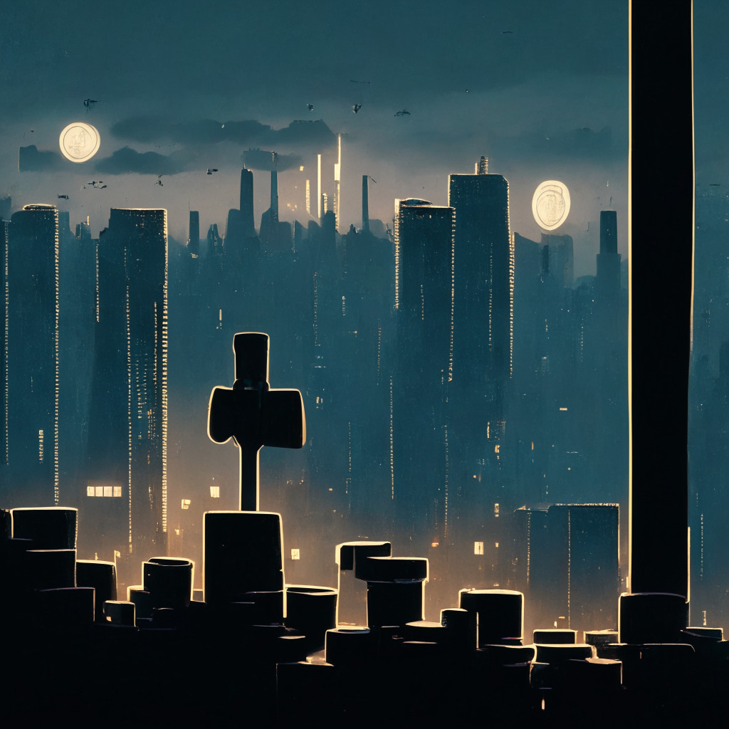 A twilight-lit cityscape where skyscrapers are replaced by towering stacks of Bitcoin and Ethereum coins, enveloped in a passive, misty ambiance. A pair of binoculars rest on a nearby roof, symbolizing the constant vigilance and anticipation of change. In the background, a faint silhouette of the ETF in the form of a trigger, primed to disrupt the tranquil scene. The aura is one of watchful calm, with stylized art novaeu undertones and expectant undertow.
