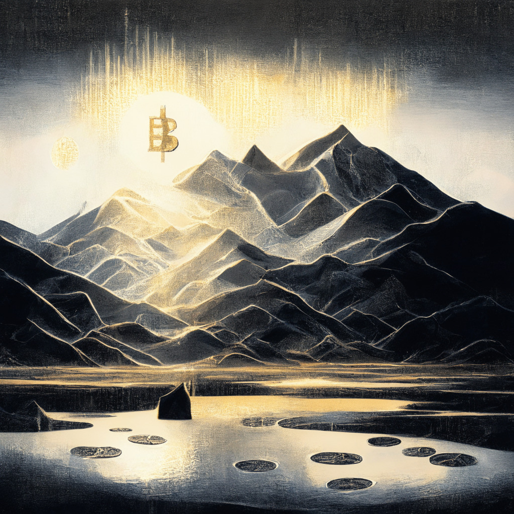 An abstract financial landscape at dusk, a tonal painting style that blends realistic and impressionistic techniques. At the center is a larger-than-life shimmering silver Bitcoin, piercing the day's last sunbeam. Crypto-specific stocks, depicted as high-rising mountains, surround it with their undulating peaks symbolizing volatility. Traces of gold are sparsely sprinkled, but silver rivers roar beneath, mirroring Bitcoin's glow. Farther out, subtly wavy equity funds and bonds forests border the scene. The scene must exude a sense of harmony yet unpredictability, use soft and bright illuminations creating an air of cautious optimism.