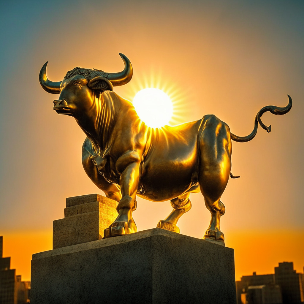 An audacious wager by Bitcoin pioneer, optimistic predictions of a bull market, a sun rising over a bullish bronze statue symbolizing growing Bitcoin value, dynamic hues suggesting thrill, uncertainty, and anticipation, white light further empahsizing sharp ascents, an overall aura of buoyant speculation.