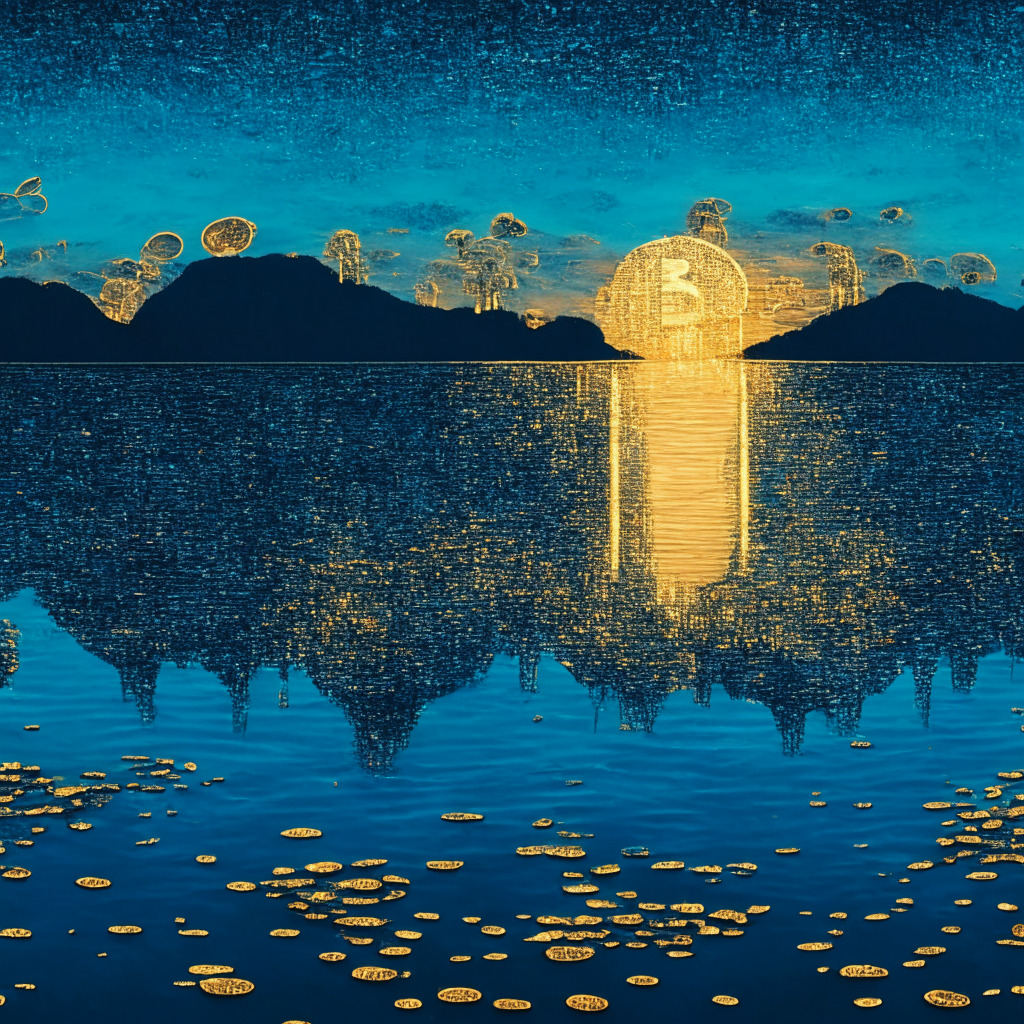 A digital landscape at dusk, reflective of market steadiness despite US debt downgrade, Bitcoin steadfastly towering over a sea of fluctuating altcoins. An ethereal light evokes a tense calmness. The style should fuse pointillism and impressionism, for an appearance of both detail and uncertainty. A ripple spreads across, hinting at rising hope in the world of digital assets.