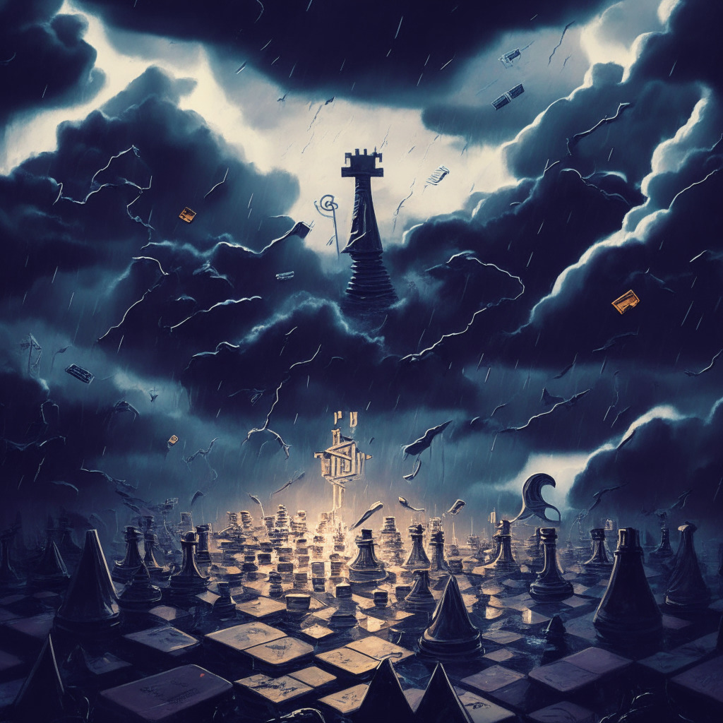 An abstract cryptocurrency battlefield under a stormy dusk sky, enormous Bitcoin and Ethereum coins engaged in a high-stakes chess game, portraying market volatility and a dance of strategy. Investment giants metaphorically looming over the game, a hint of cautious optimism. Include artistic elements of surrealism to reflect ambiguities and unpredictability, with muted, dark hues to set a moody, tense atmosphere.