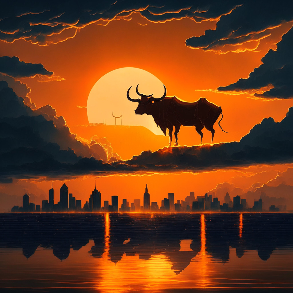 Dramatic cityscape at dusk, Bitcoin symbol illuminating the horizon, Art Nouveau styling, an orange light symbolizing the rising bull trend, reflecting in calm waters below. Diaphanous bull silhouette looming symbolizing optimism, while storm clouds gather showing potential risk.
