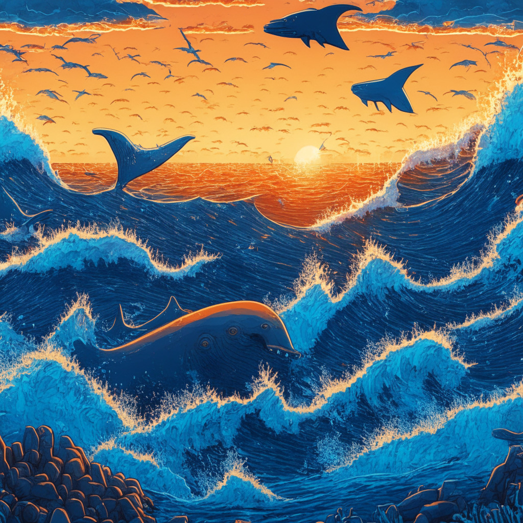 Dynamic scene of a digital ocean during sunset, highlighting warm oranges and deep blues, the ocean representing the crypto exchange. Vividly present the represented fluctuations in Bitcoin price with crashing waves on a rocky shore, a large whale symbolically surfacing amidst smaller fishes, gears and sequences hidden within the waves as a nod to blockchain analytics. Art style is semi-realistic with a touch of surrealism. Mood should be hopeful yet uncertain, capturing the essence of the crypto market.